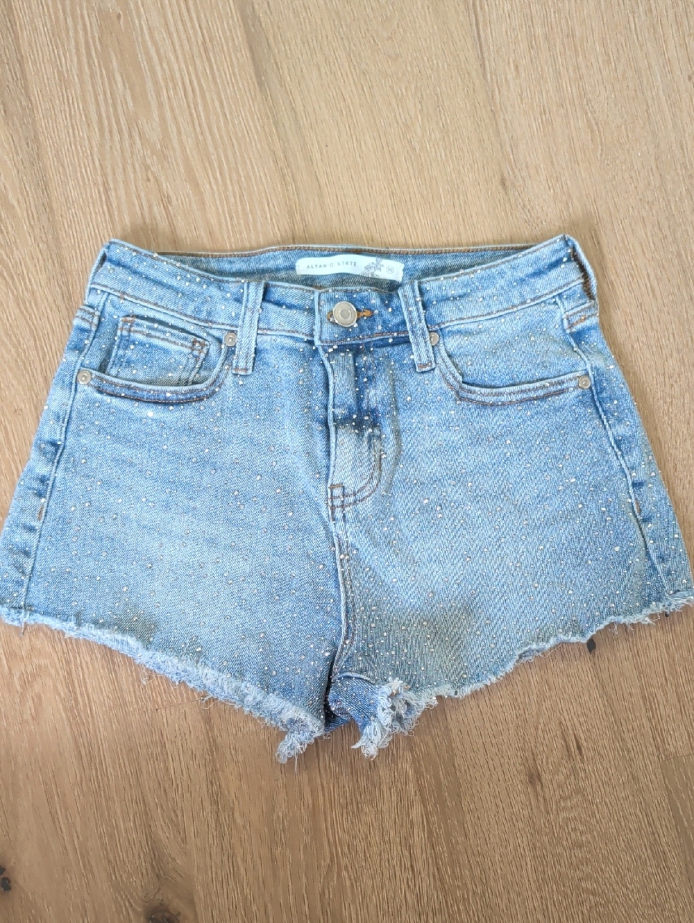 NWOT Altar'd State Light Blue Denim Sparkle High-Rise Jean Short-Shorts